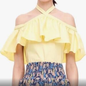 Rebecca Taylor Women's Cold-Shoulder Halter-Neck Yellow Ruffle Top size 8